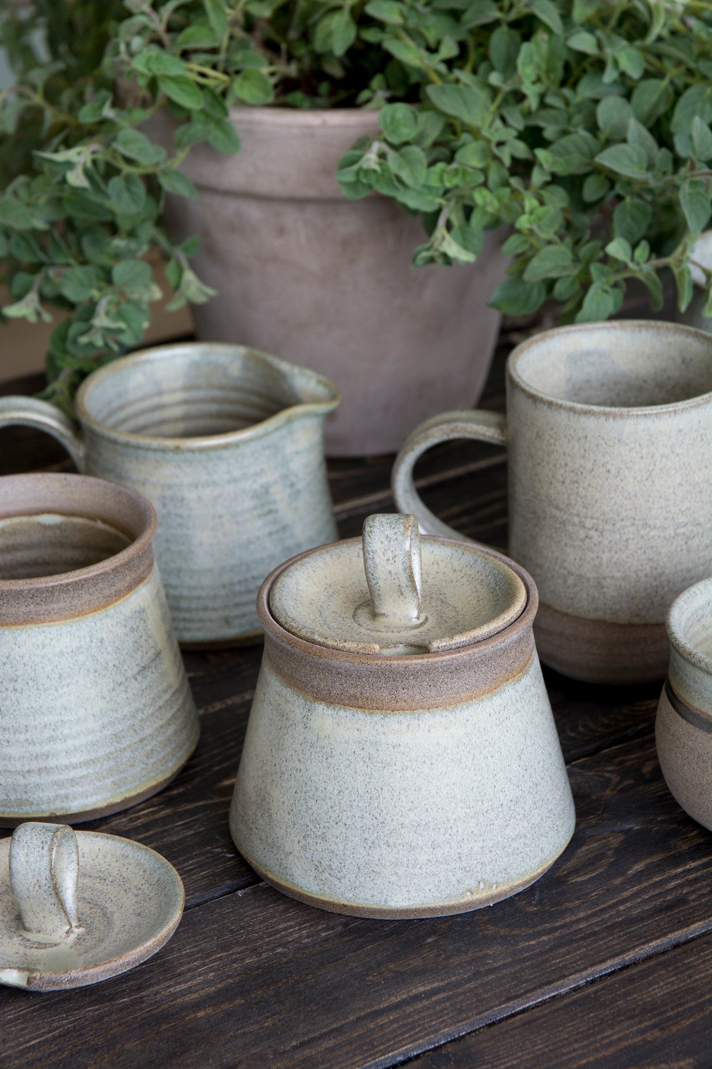 Green Sage Pottery Sugar Bowl and Creamer Set