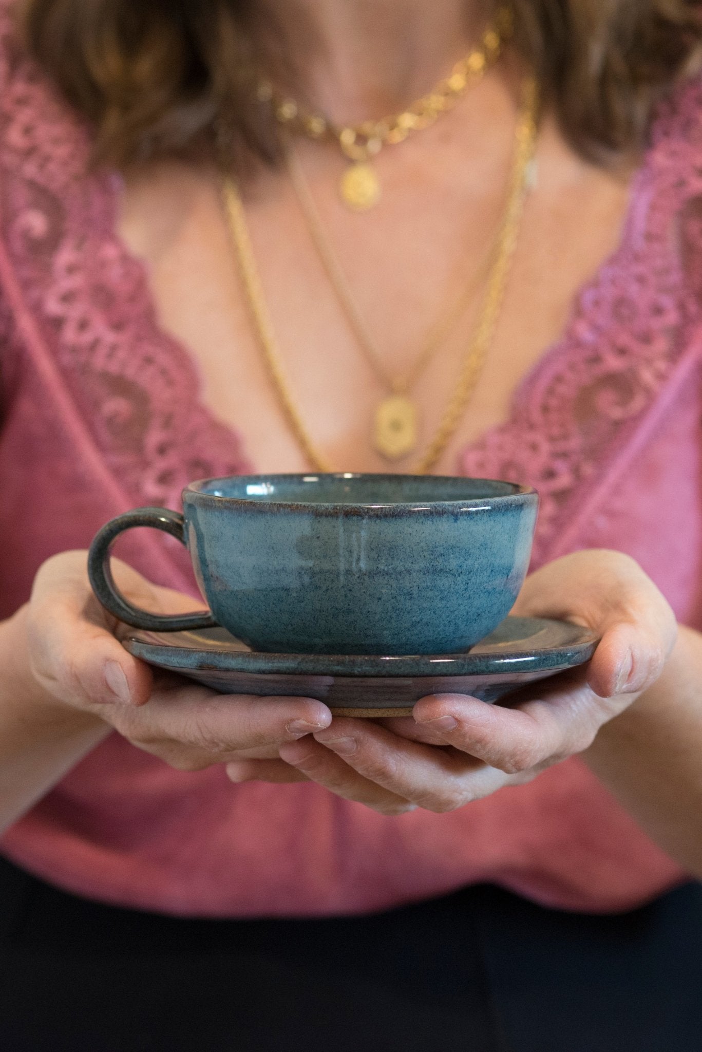 Handmade Pottery Blue Cappuccino Cup & Saucer - RAMIREZ ZANOTTY- Mug