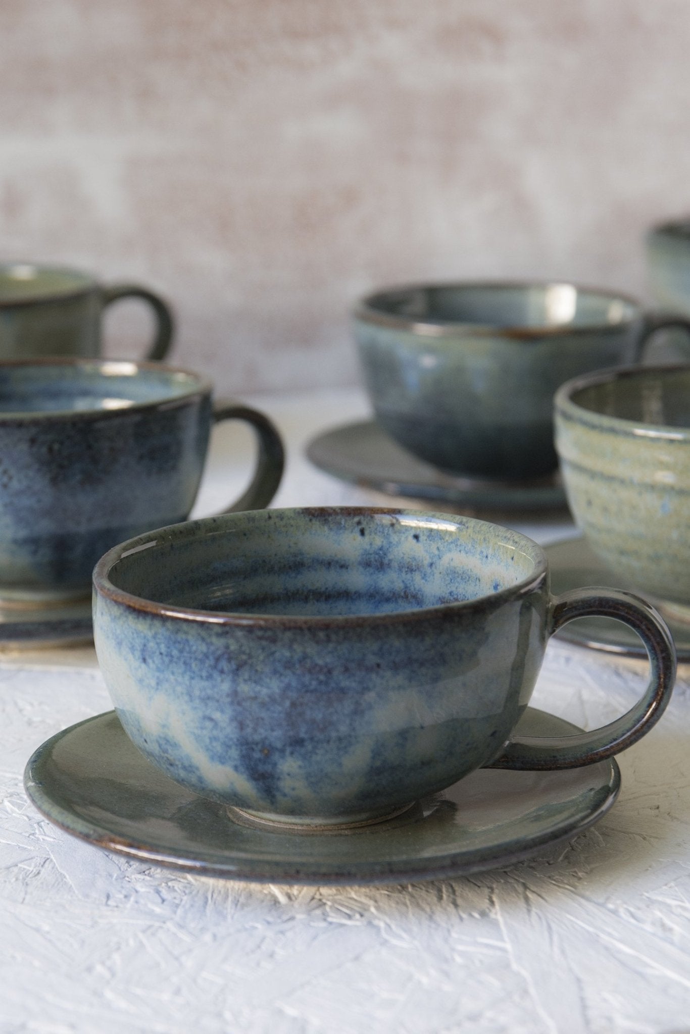 Handmade Pottery Blue Cappuccino Cup & Saucer - RAMIREZ ZANOTTY - Mug