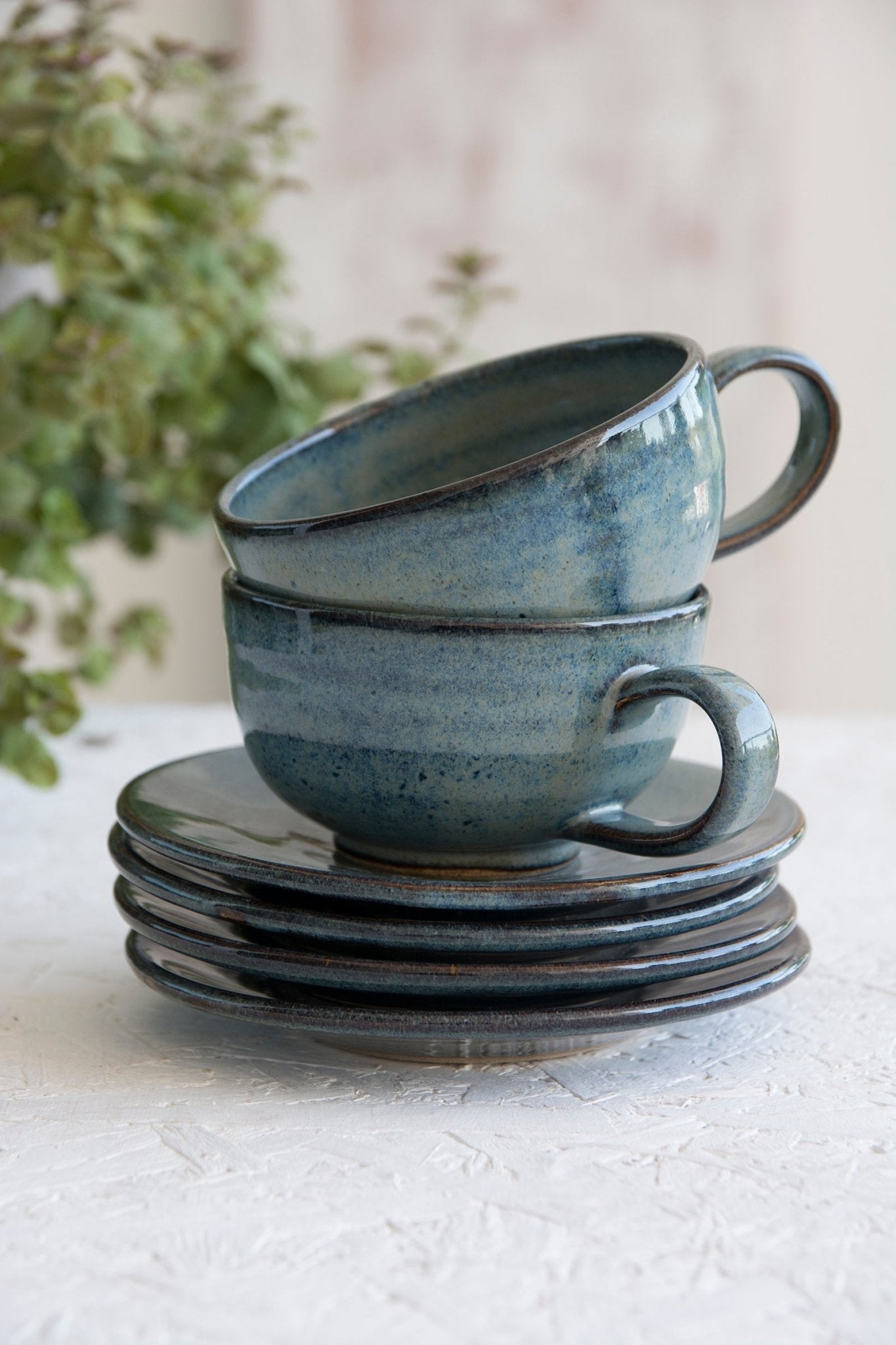 Handmade Pottery Blue Cappuccino Cup & Saucer - RAMIREZ ZANOTTY- Mug
