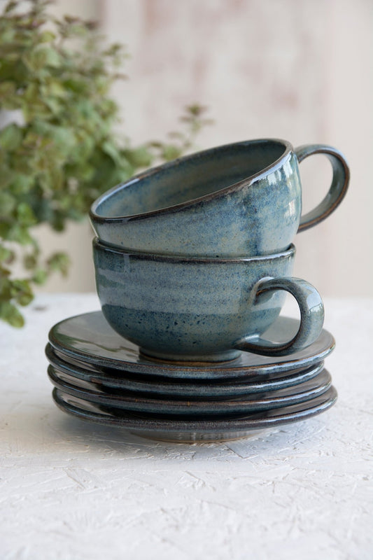 Handmade Pottery Blue Cappuccino Cup & Saucer - RAMIREZ ZANOTTY- Mug