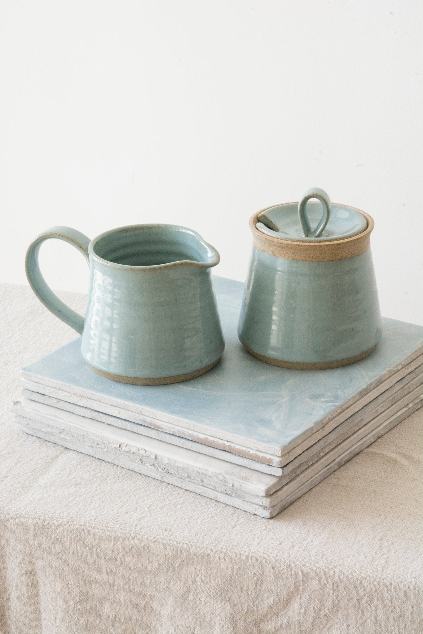 Light Blue Set of a Pottery Sugar Bowl and a Pitcher - RAMIREZ ZANOTTY- Sugar Bowl set