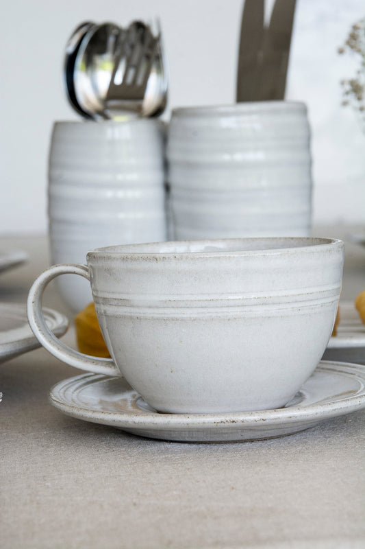 Pottery White Tea Cup and Saucer - RAMIREZ ZANOTTY- Mug