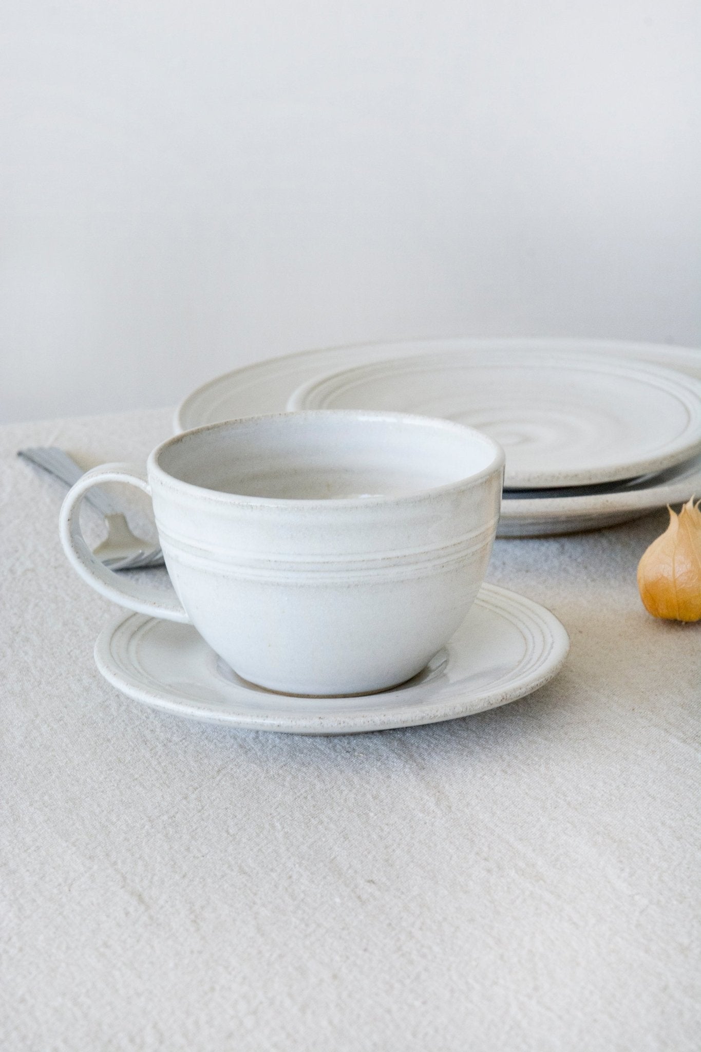 Pottery White Tea Cup and Saucer - RAMIREZ ZANOTTY- Mug