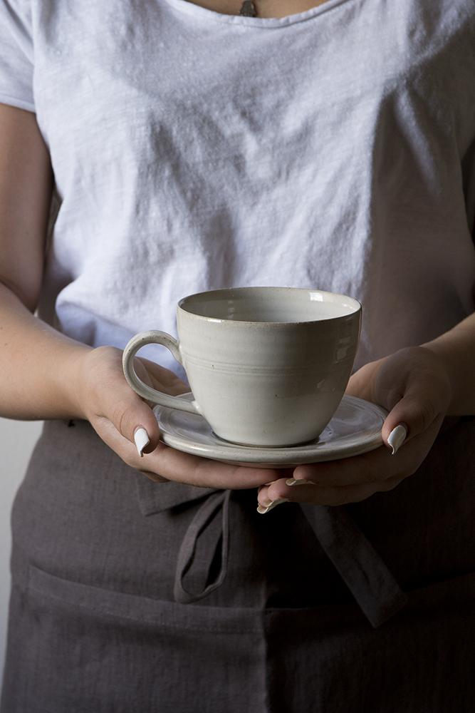 Pottery White Tea Cup and Saucer - RAMIREZ ZANOTTY- Mug